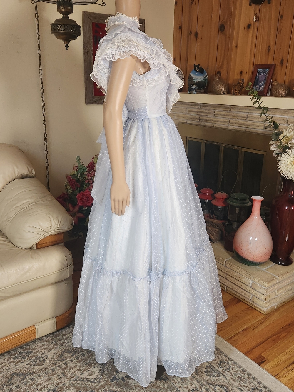 Vtg Gunne Sax Light Blue Dotted Swiss Prairie Maxi Dress | XS | Near Mint - Picture 2 of 12